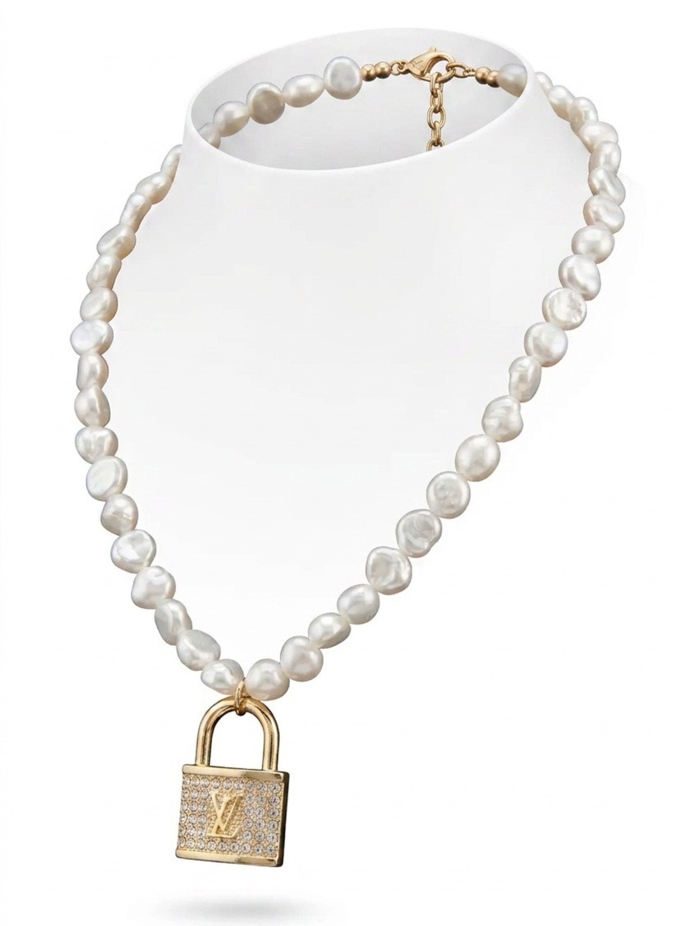 LV Pearl Beaded Necklace with Gold Padlock Pendant- fashion